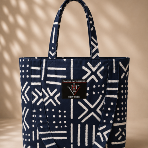Claude Jay Designs -Navy Blue/ white Kente Print Tote
