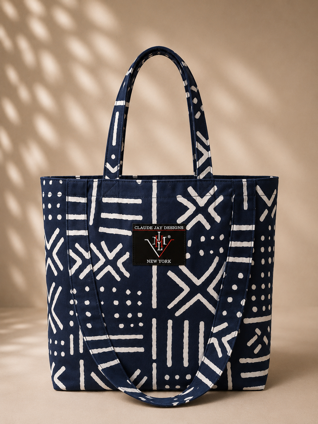 Claude Jay Designs -Navy Blue/ white Kente Print Tote